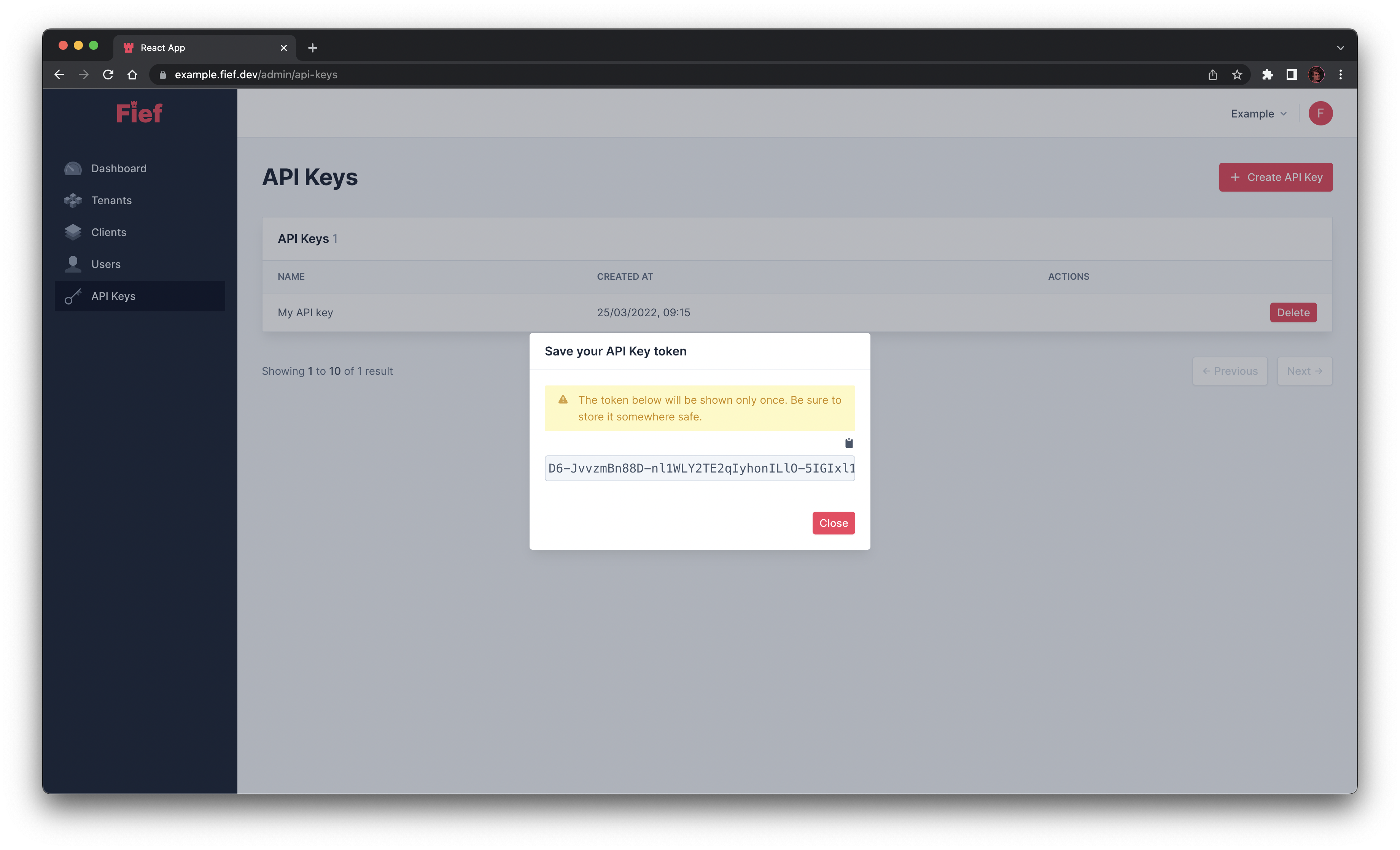 Created api key from admin dashboard