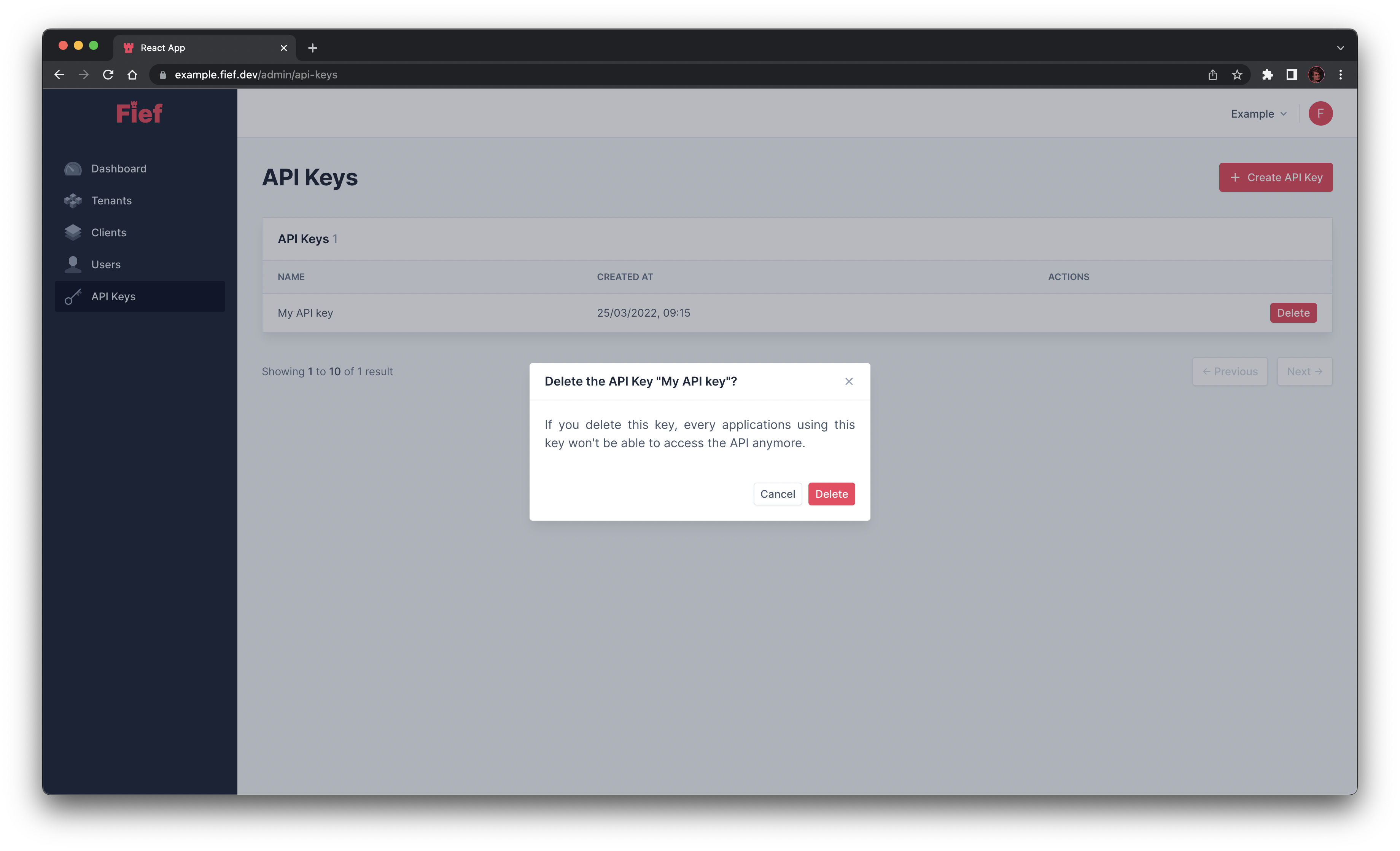 Delete api key from admin dashboard