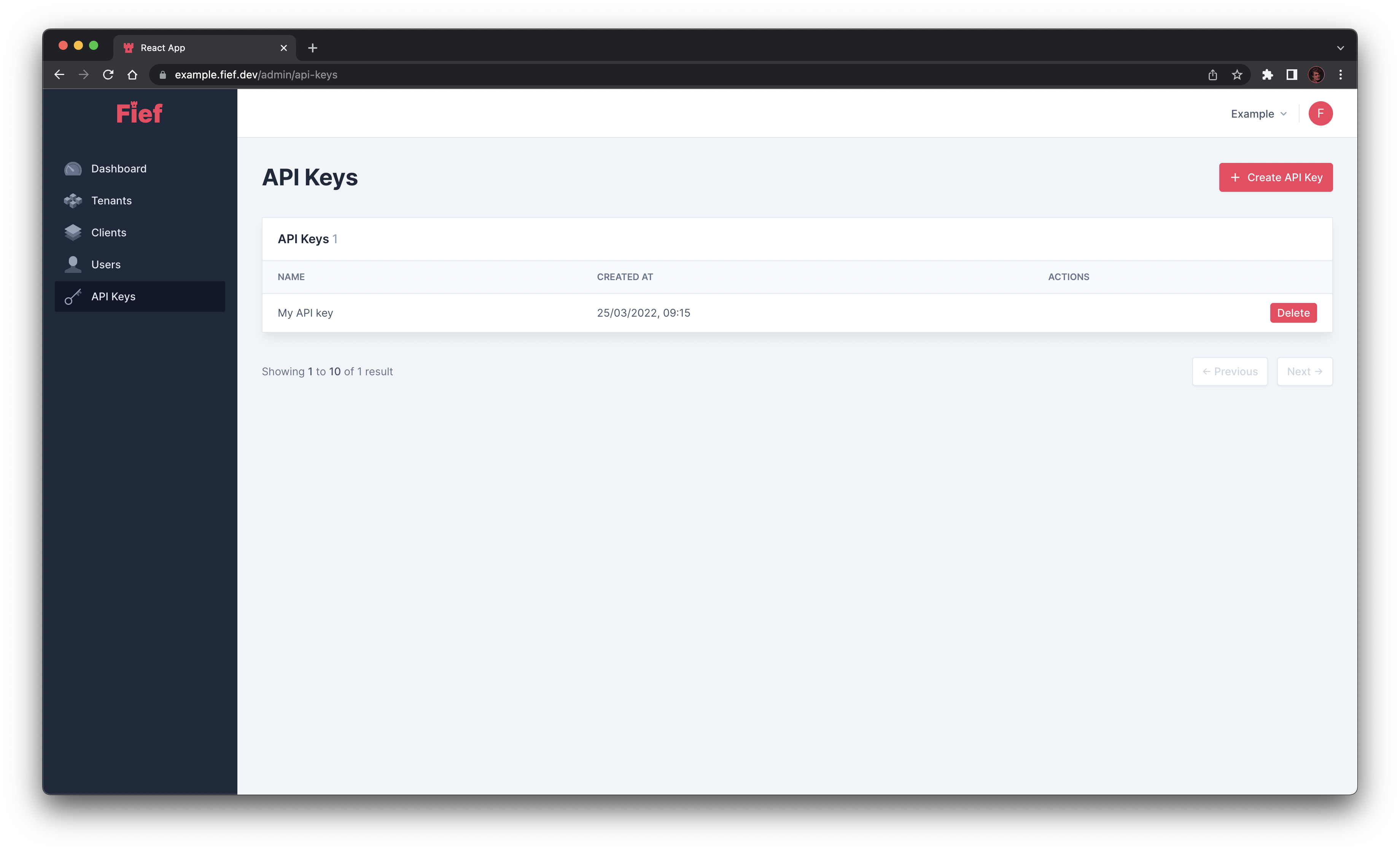 API keys from admin dashboard