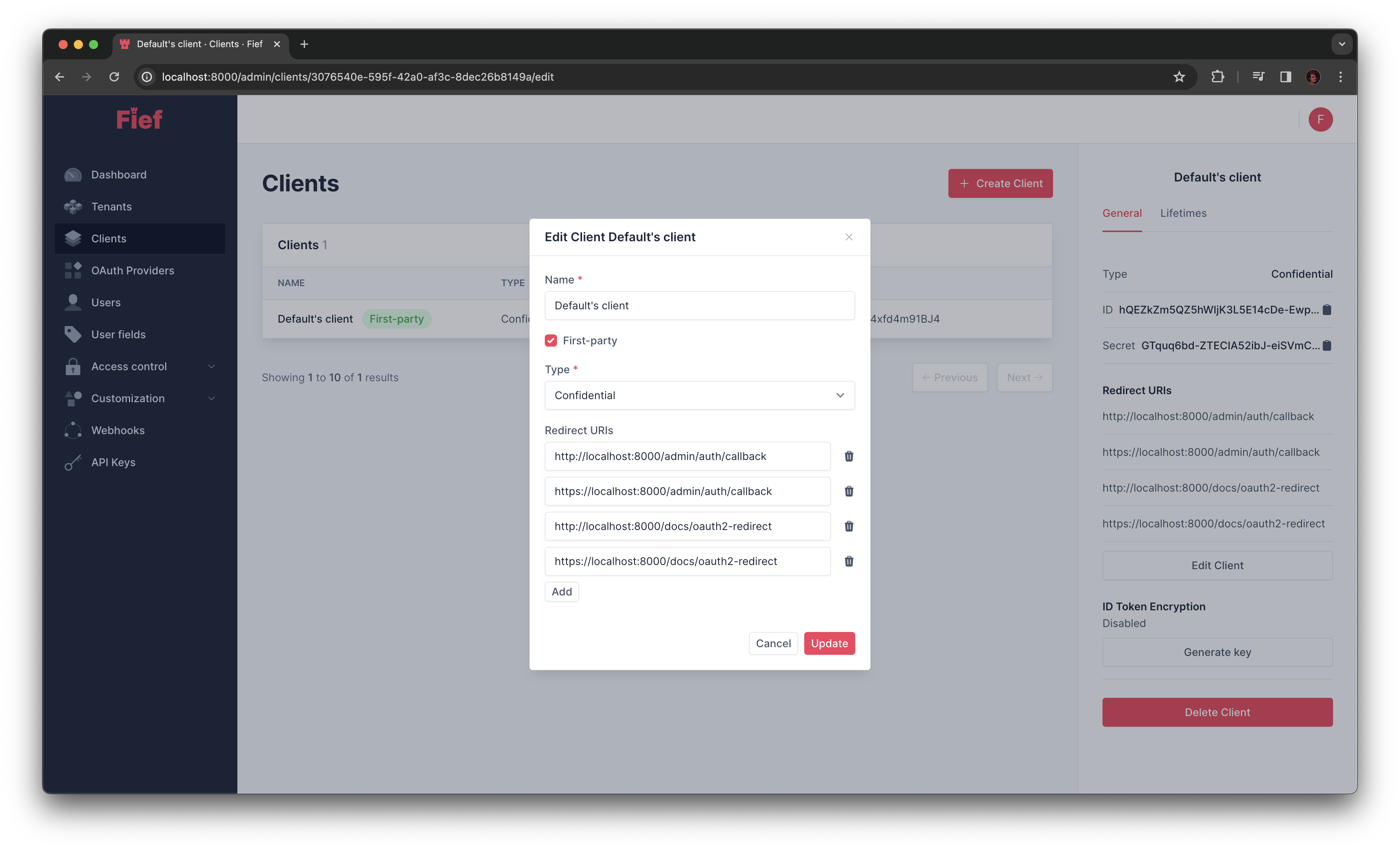 Edit client from admin dashboard