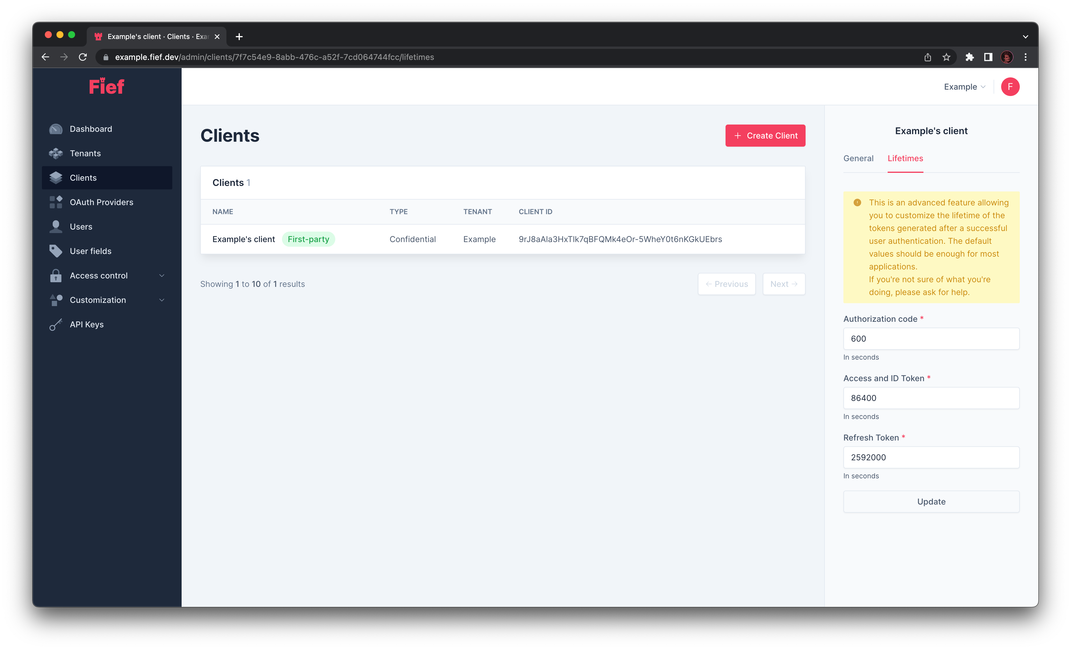 Edit tokens lifetimes from admin dashboard