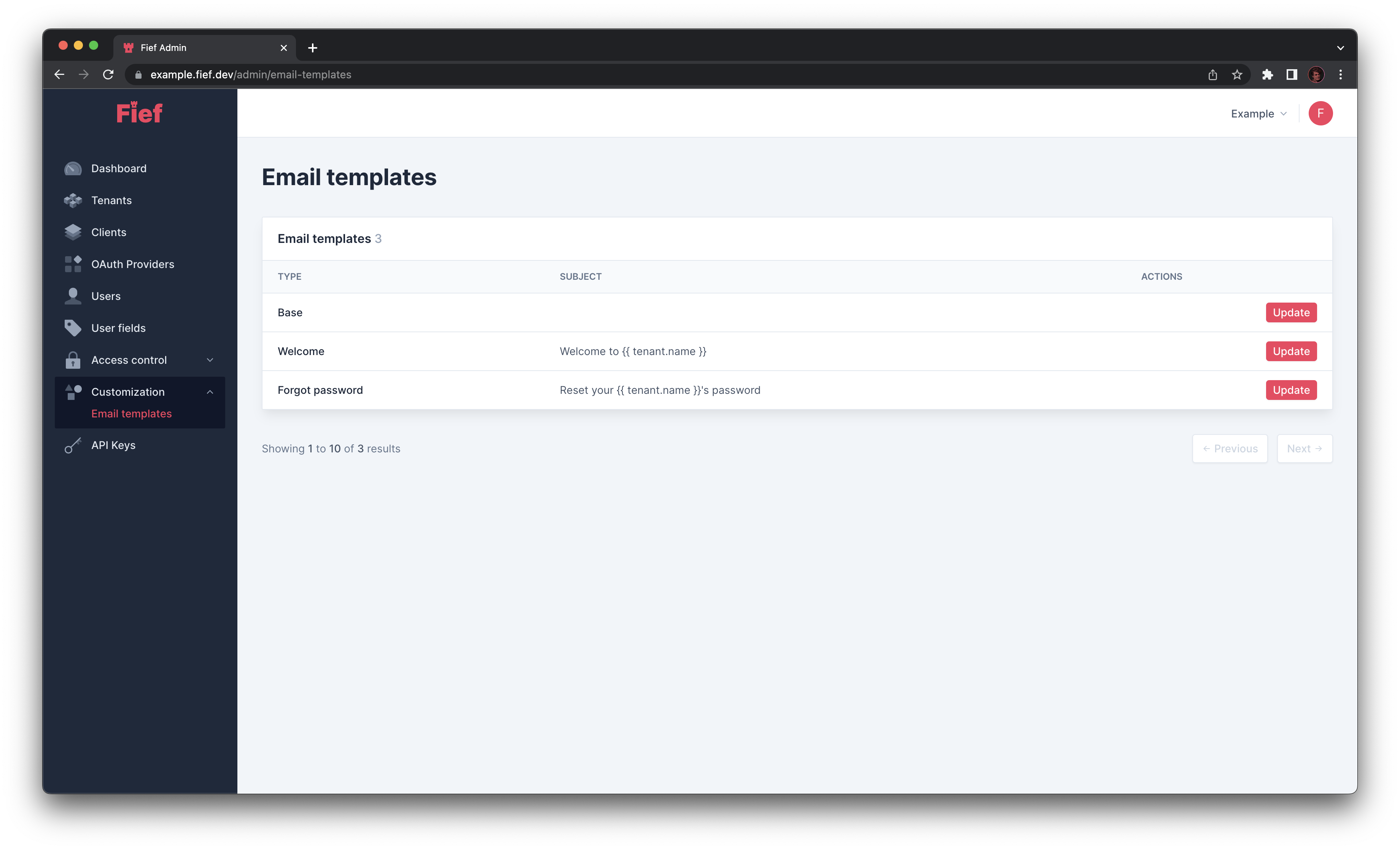 Email templates from admin dashboard