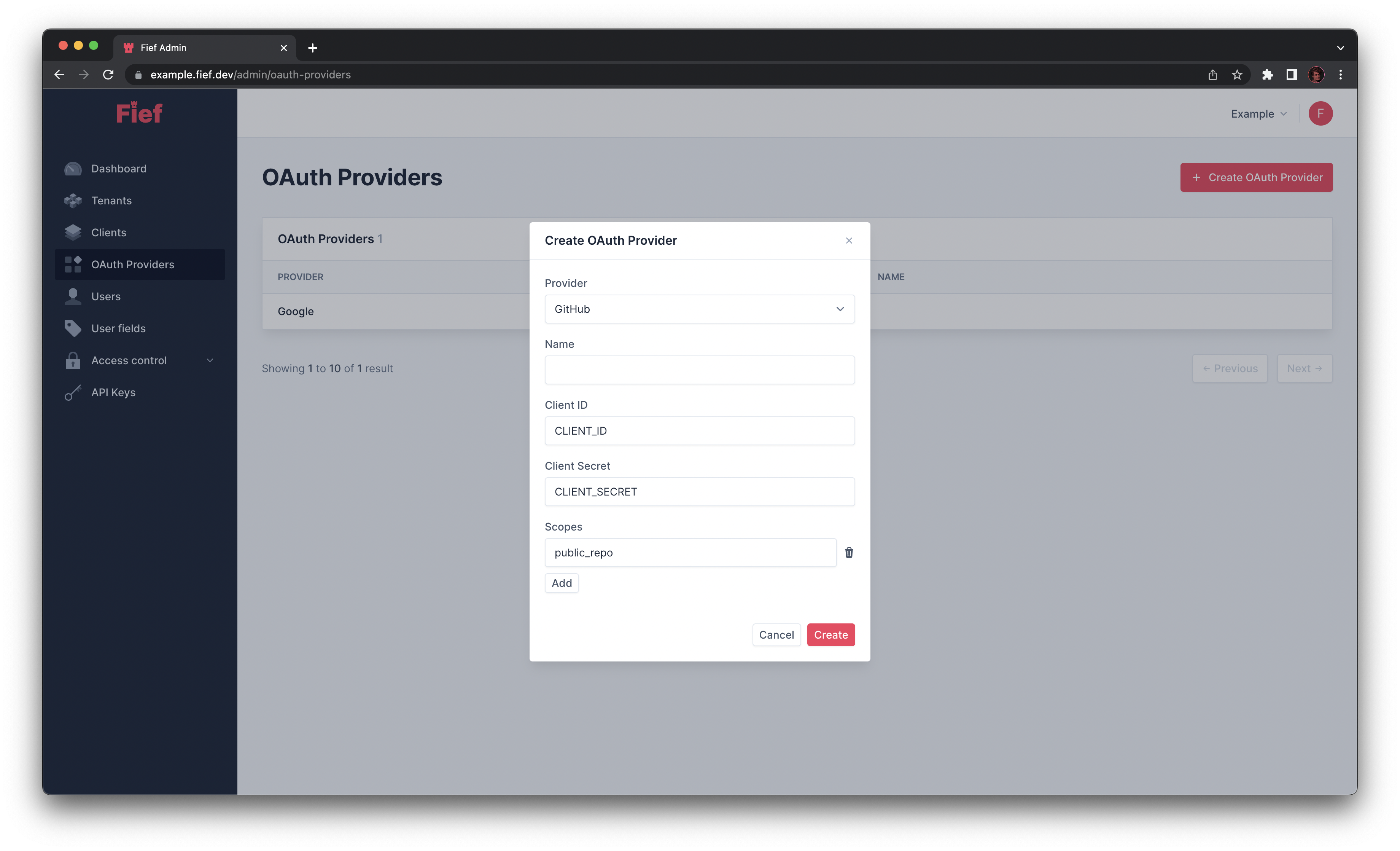 Create OAuth Provider from admin dashboard