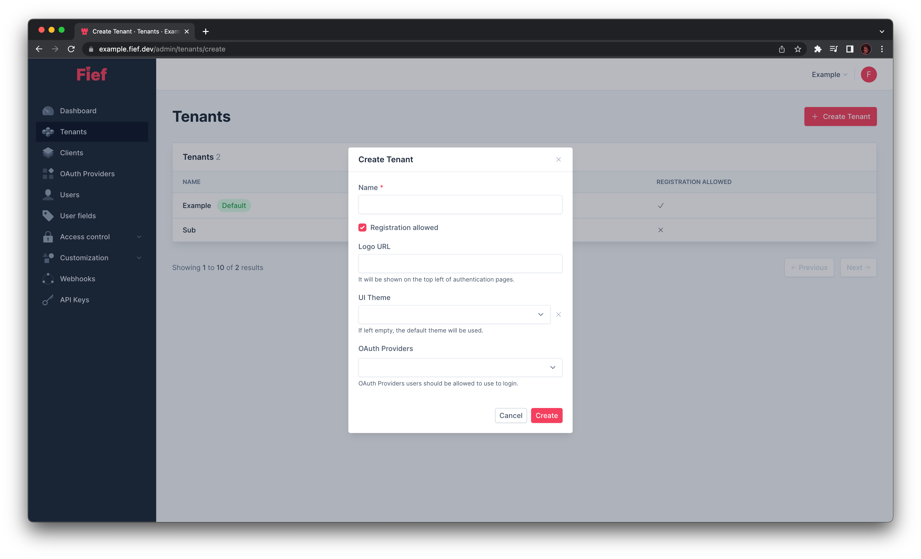 Create tenant from admin dashboard