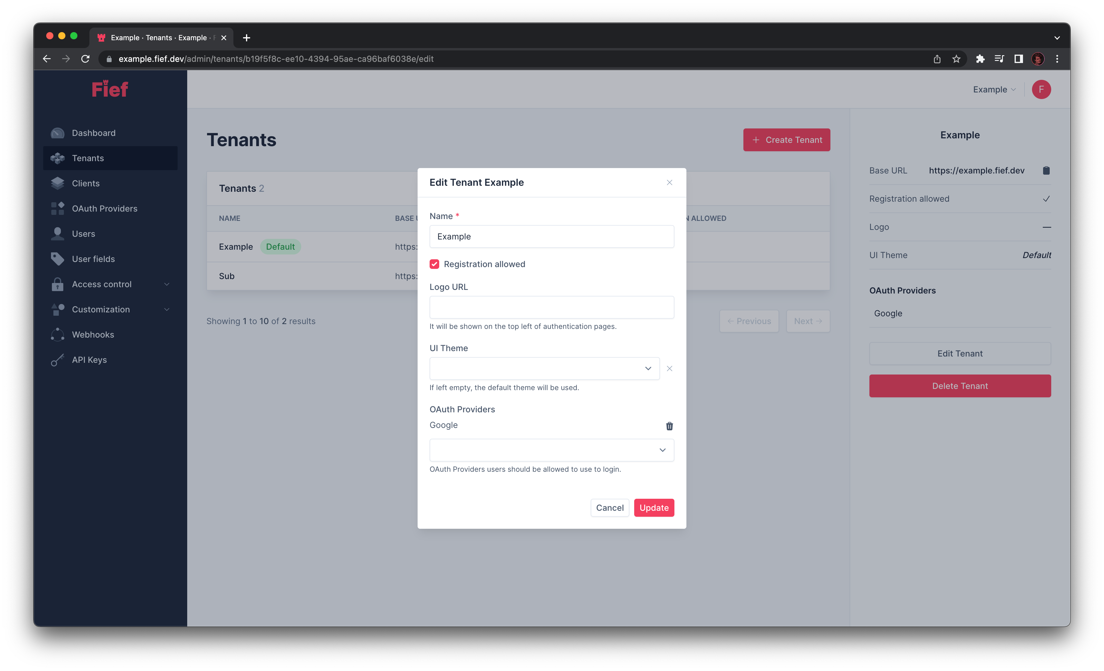 Edit tenant from admin dashboard