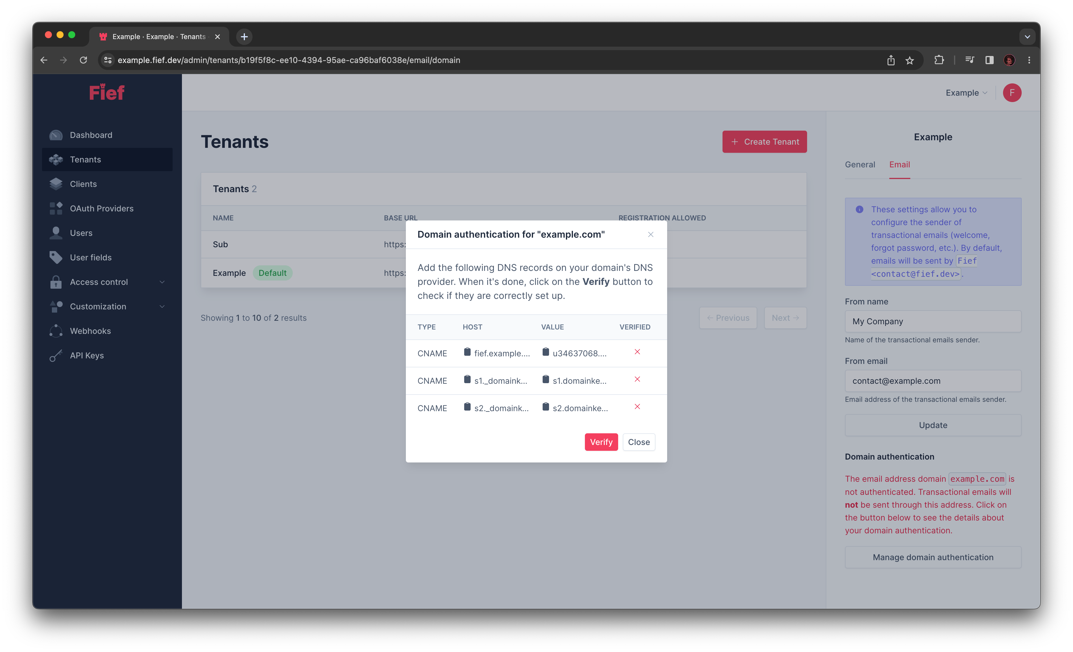 Tenant transactional emails domain authentication