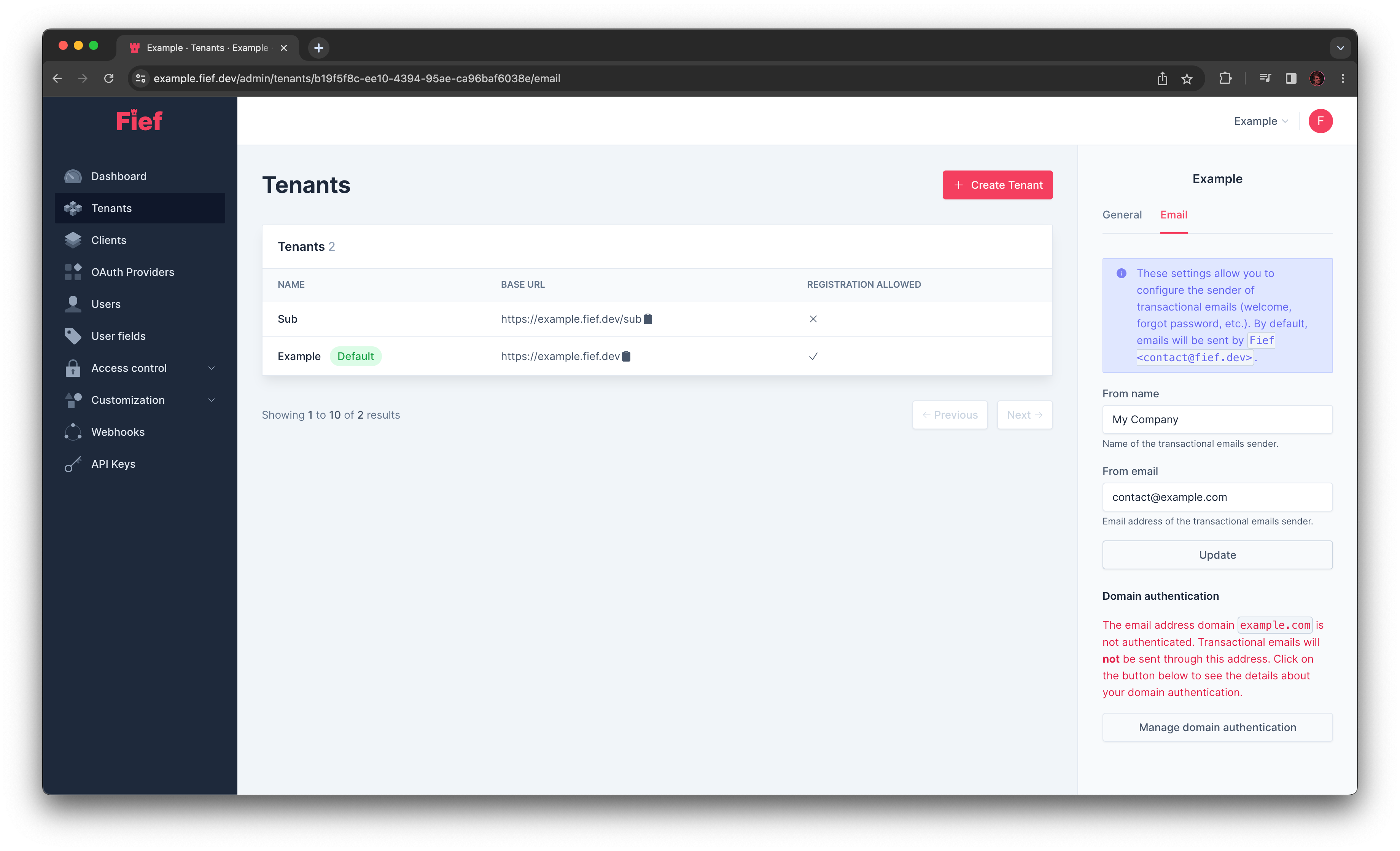 Tenant transactional emails settings from admin dashboard