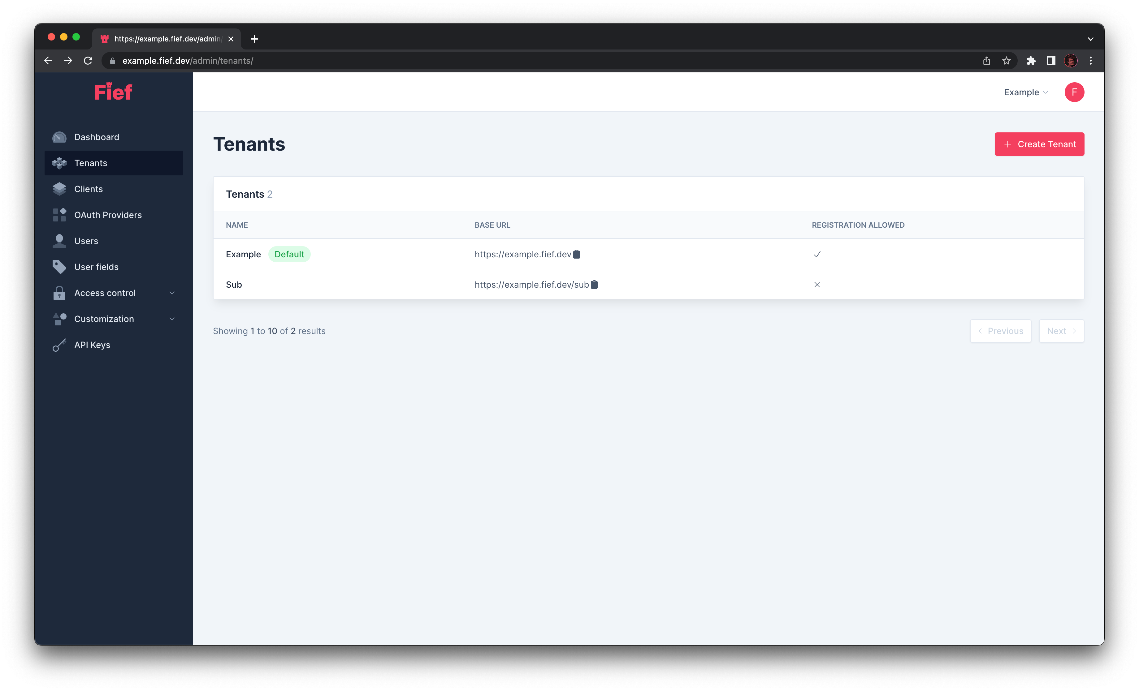 Tenants from admin dashboard