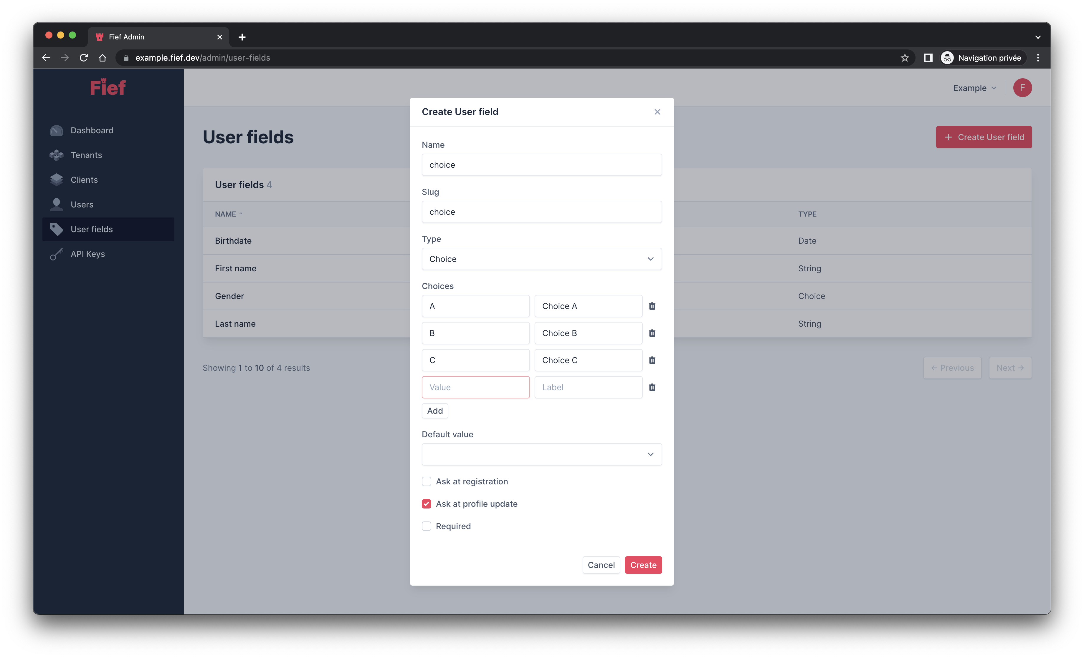 Create choice user field from admin dashboard