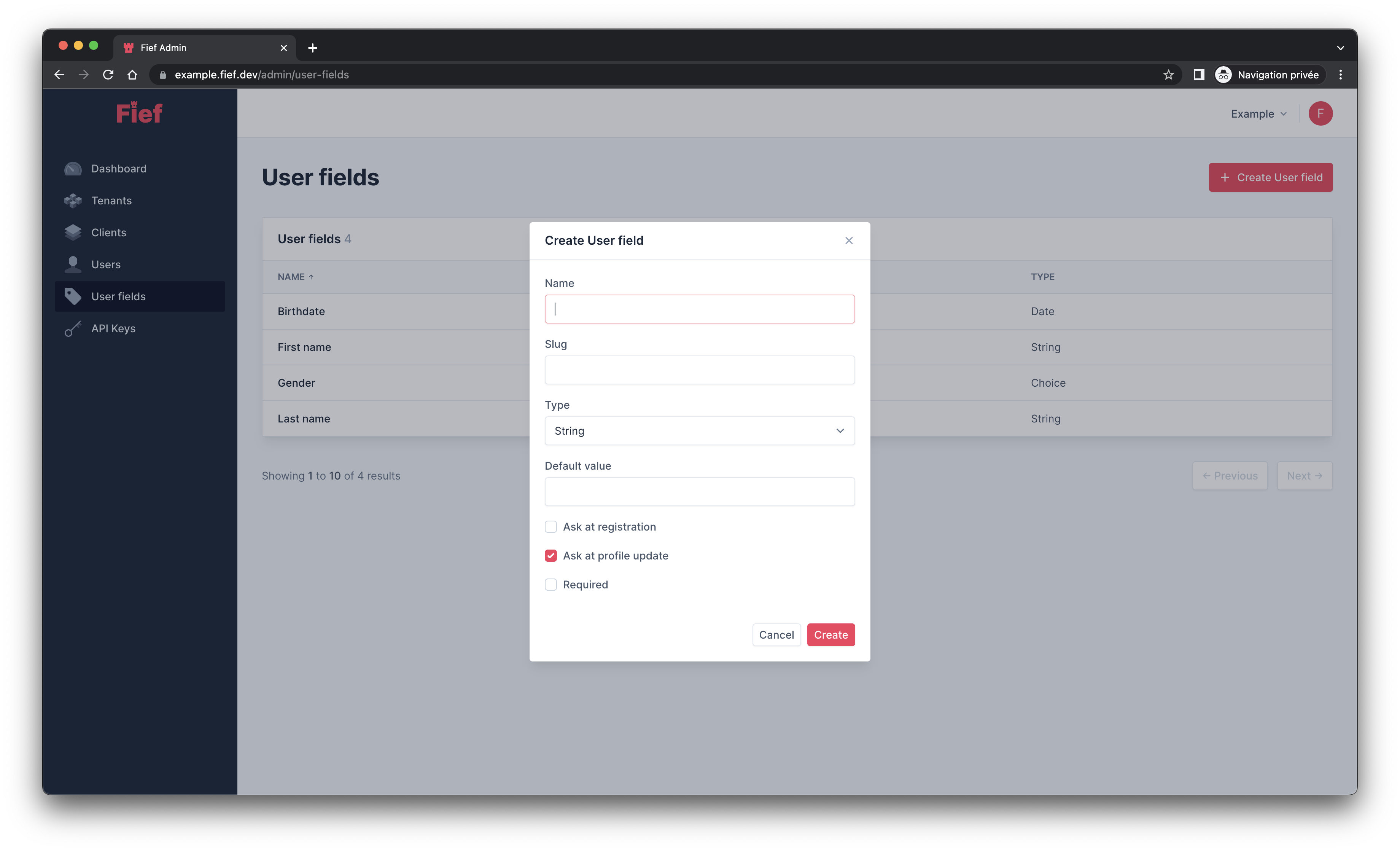 Create user field from admin dashboard