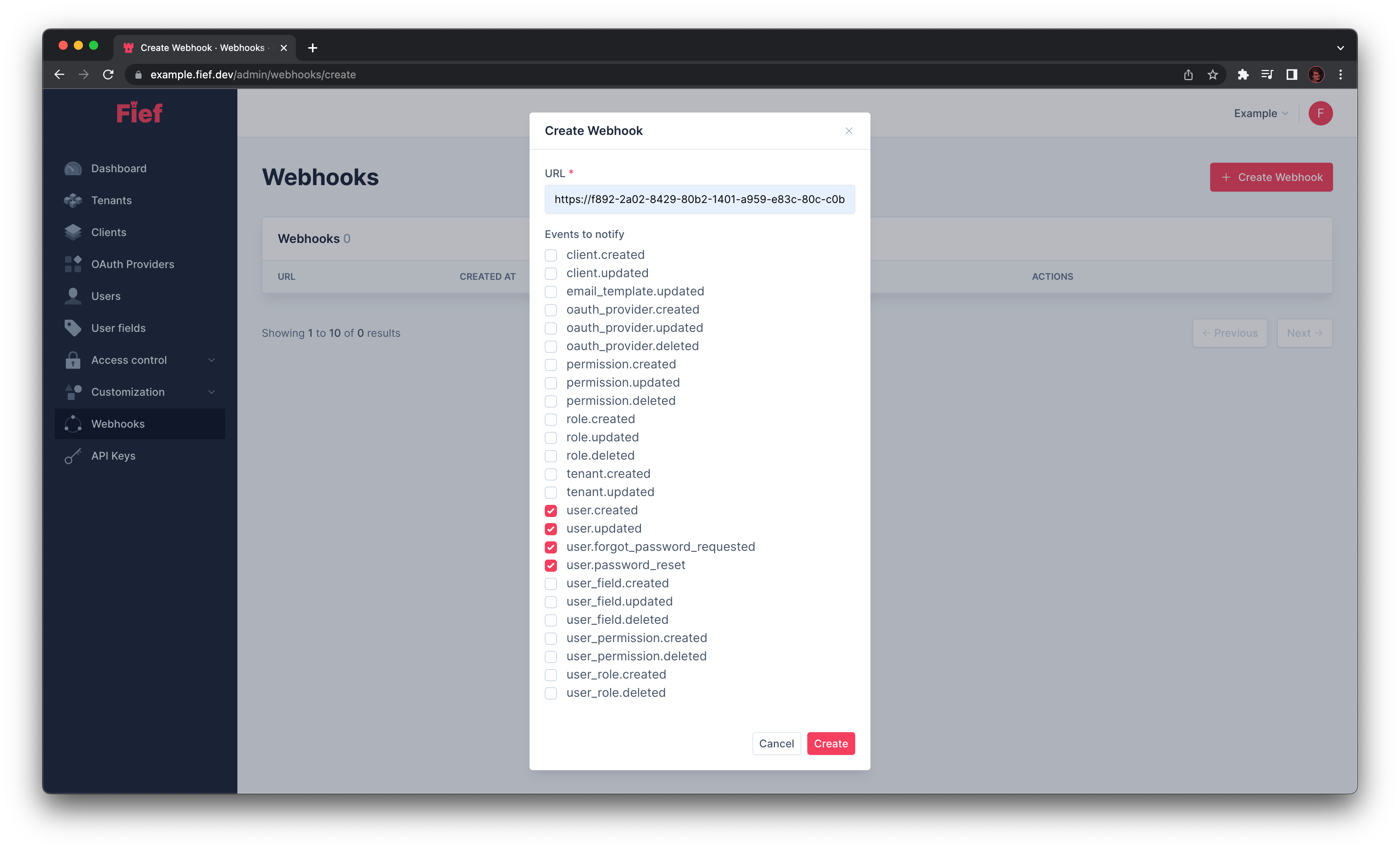 Create Webhook from admin dashboard
