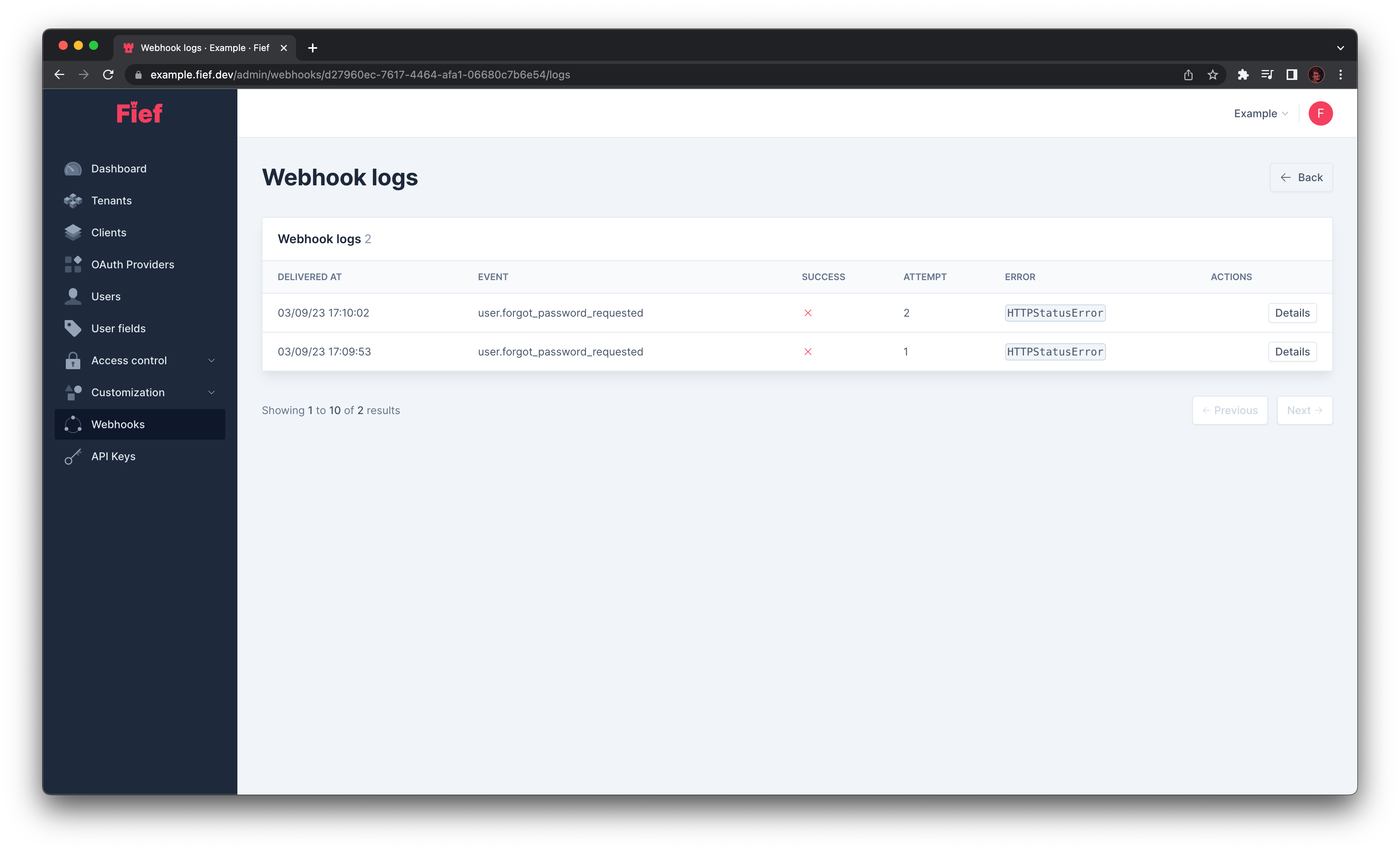 Webhook logs from admin dashboard
