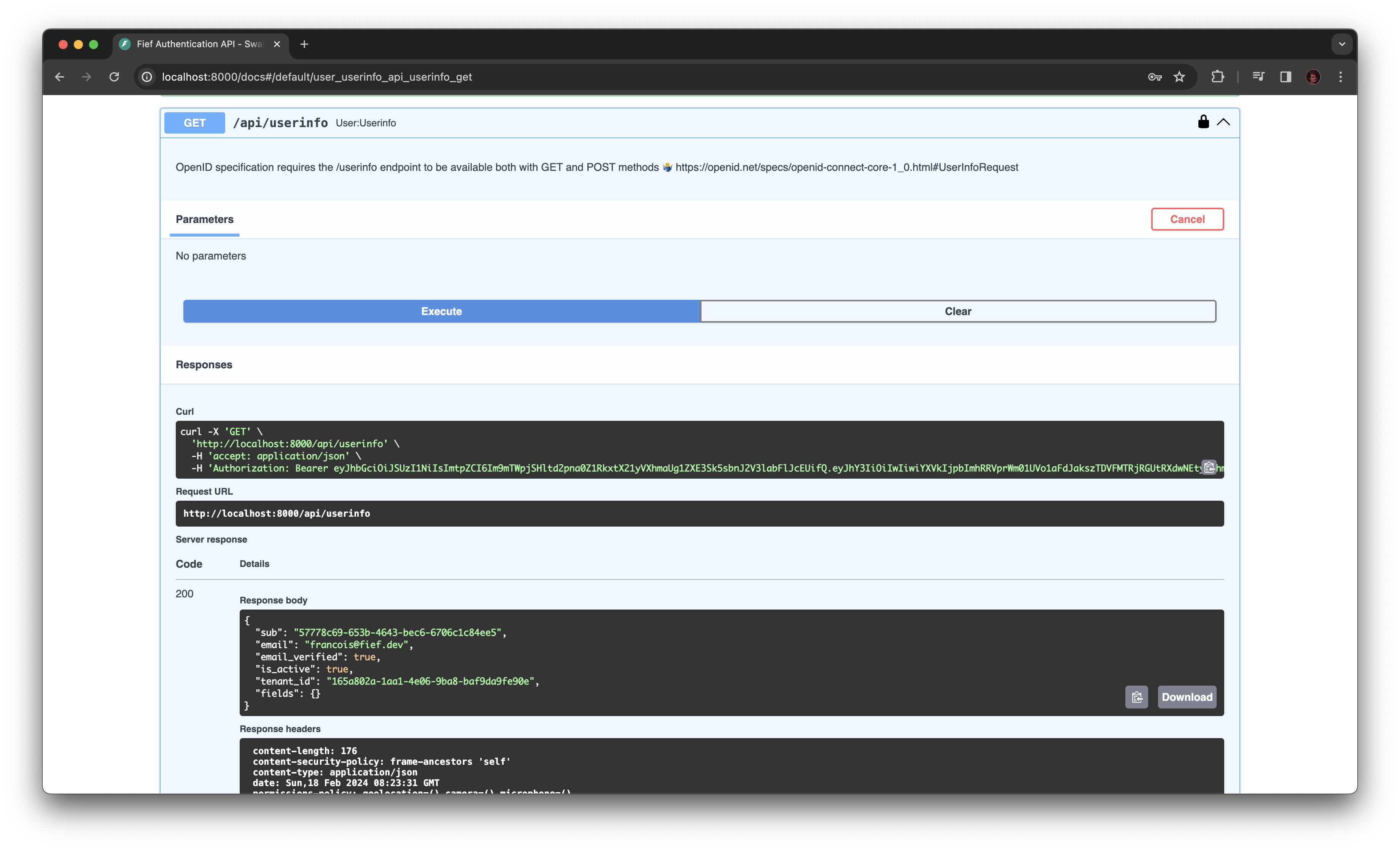 Interactive API documentation API response