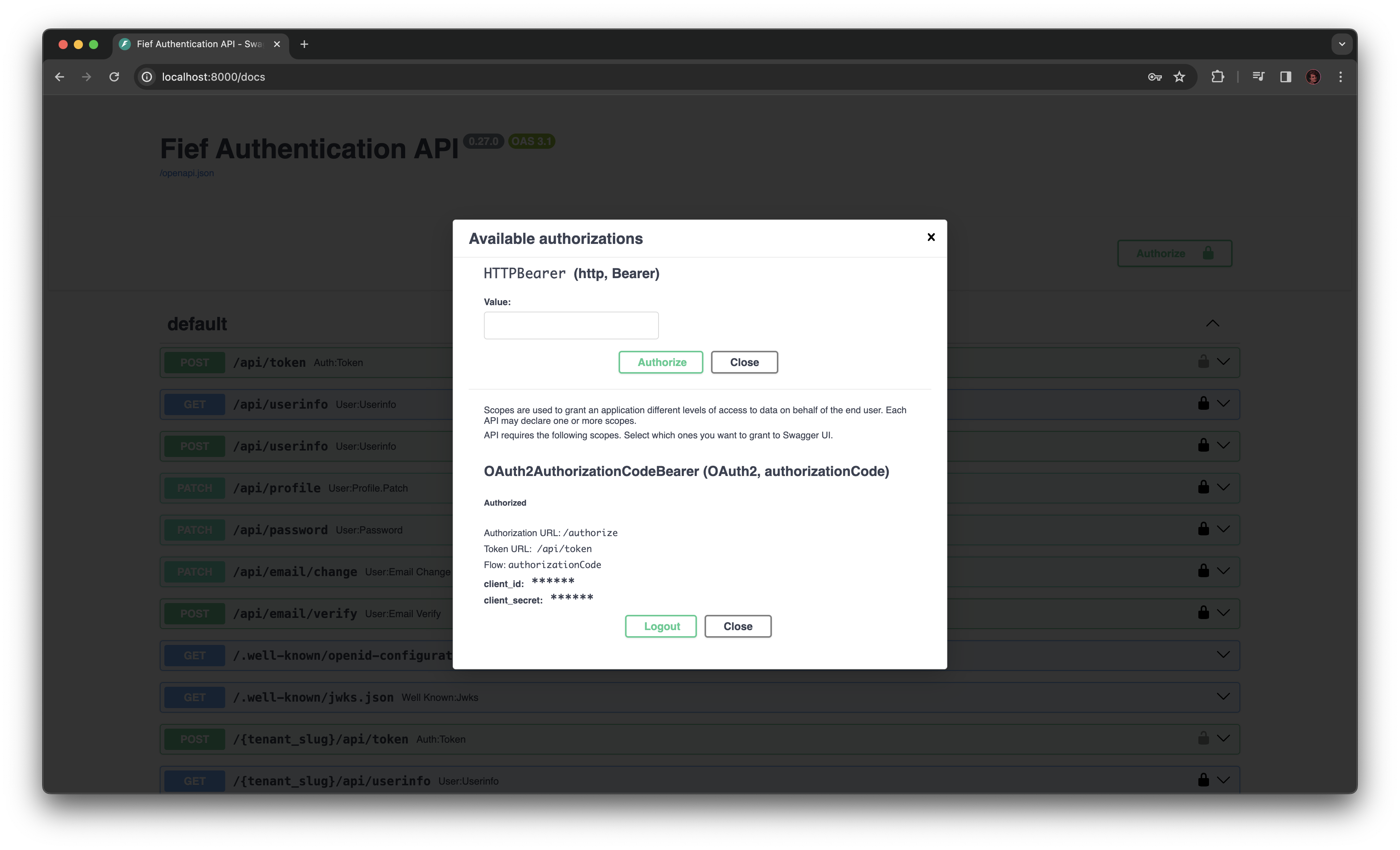 Interactive API documentation authenticated